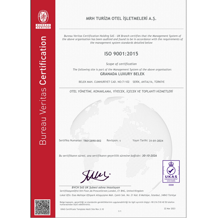 Granada Hotels Odul Ve Sertifikalar ıso 9001 Tr