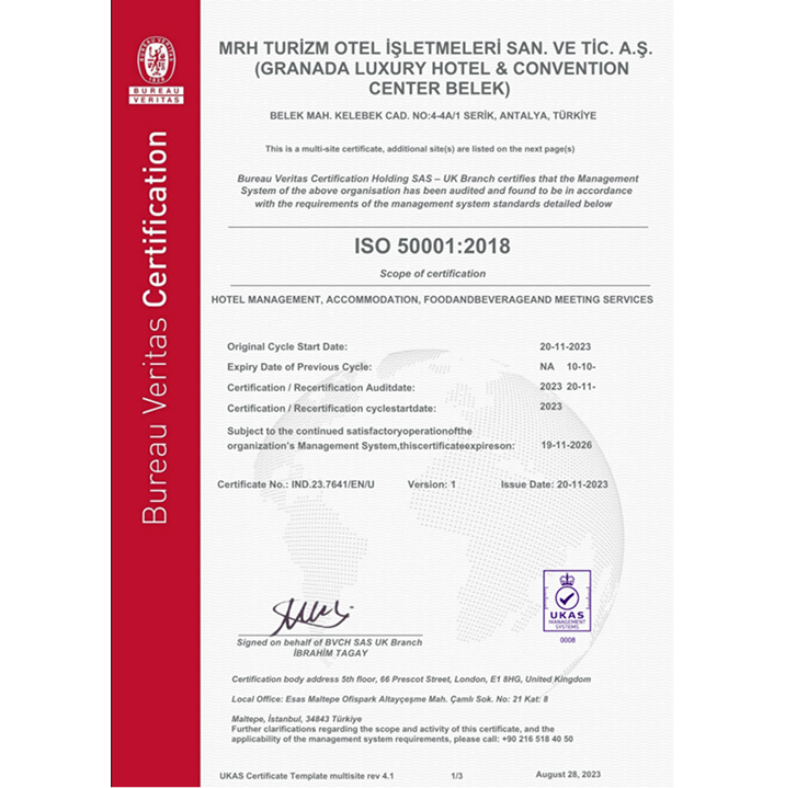Granada Hotels Odul Ve Sertifikalar ıso 50001 En