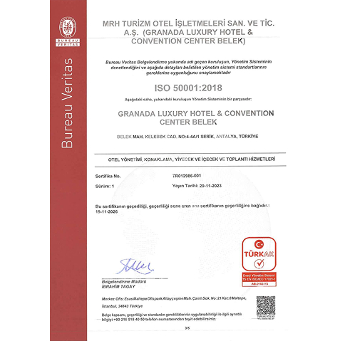 Granada Luxury Belek Sertifikalar ıso 50001 Tr