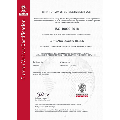 Granada Luxury Belek Sertifikalar ıso 10002 En