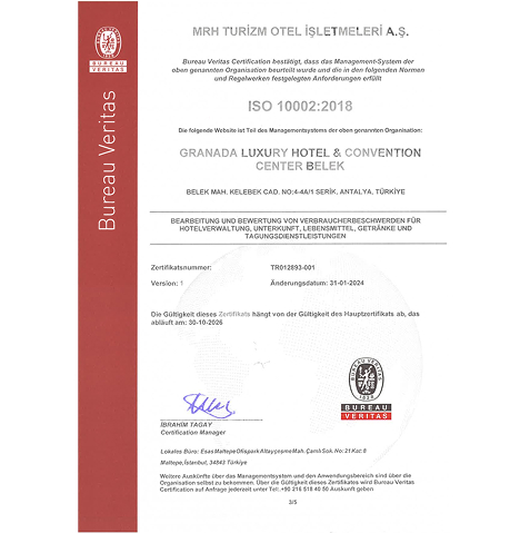 Granada Luxury Belek Sertifikalar ıso 10002 De