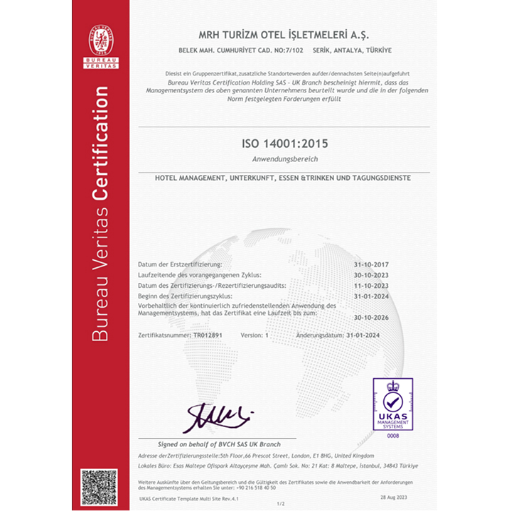 Granada Hotels Odul Ve Sertifikalar ıso 14001 De