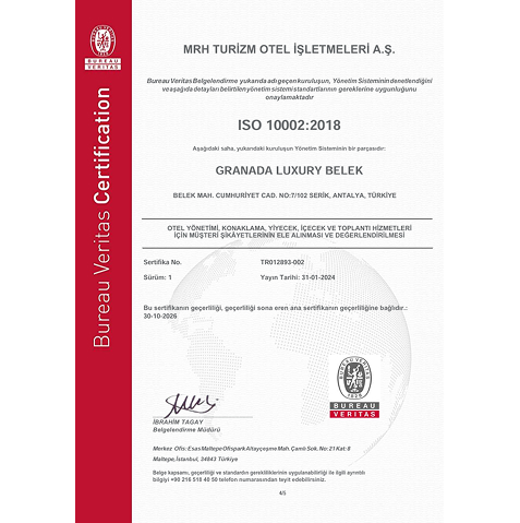 Granada Luxury Belek Sertifikalar ıso 10002 Tr